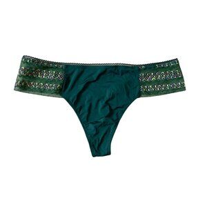 NWOT Green Satin and Colorful Knit Trim Calvin Klein Thong Panties Medium